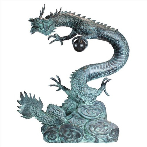 Asian Dragon with Oriental Power Orb Bronze Garden Statue Piped Water